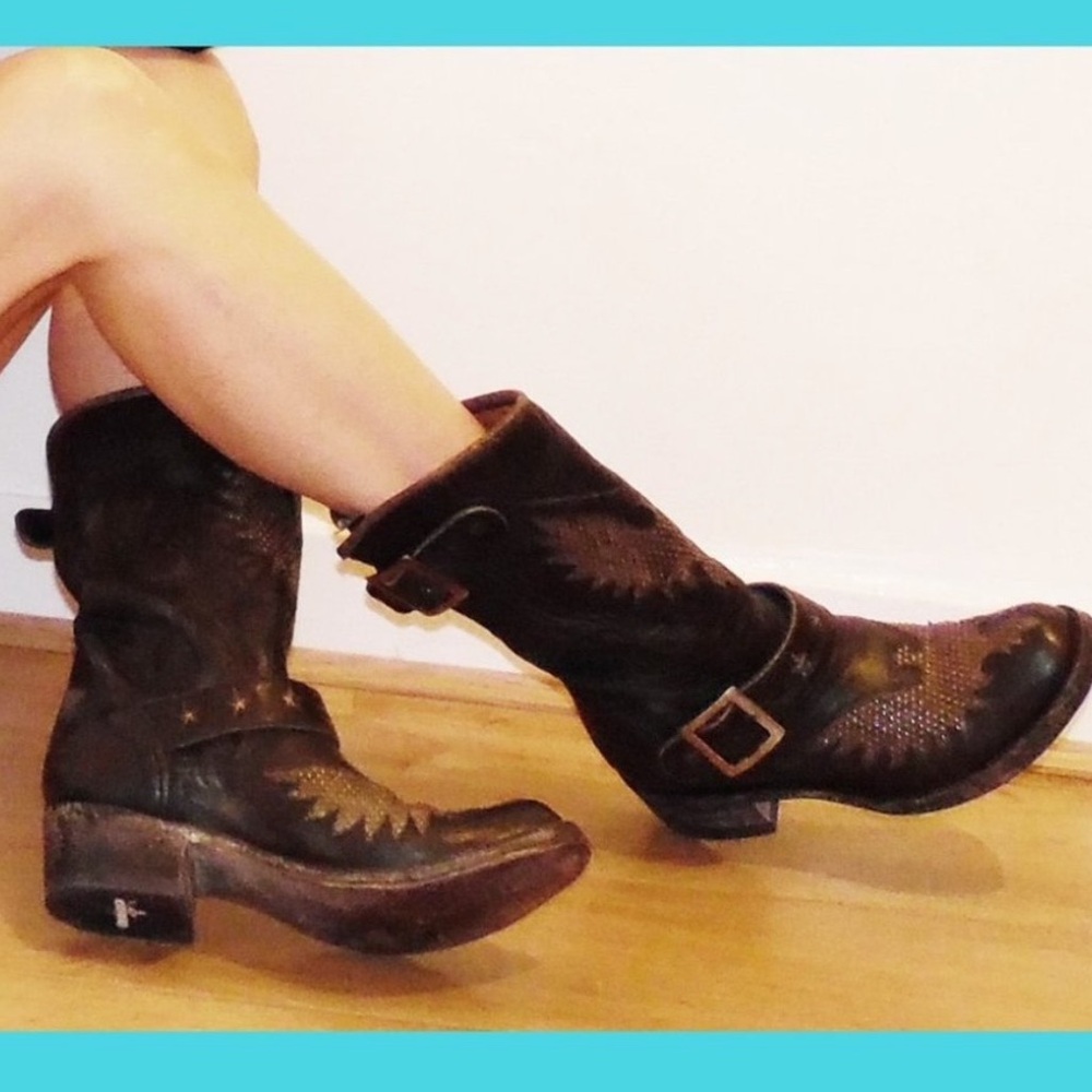 OLD GRINGO MEXICANA Black Leather Iron Eagle Studded Biker Boots 9.5 10 Like New - Picture 5 of 13